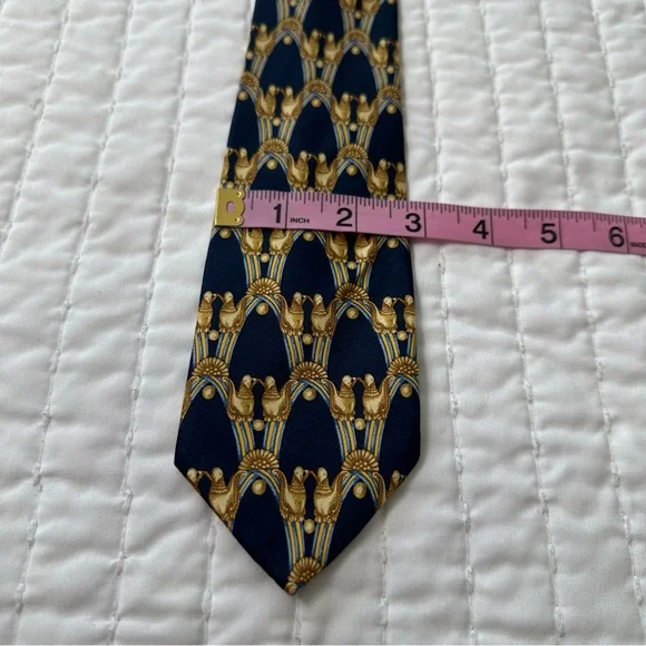 100% Silk Lanvin Paris Designer Blue and Gold Patterned Silk Tie - Picture 5 of 8